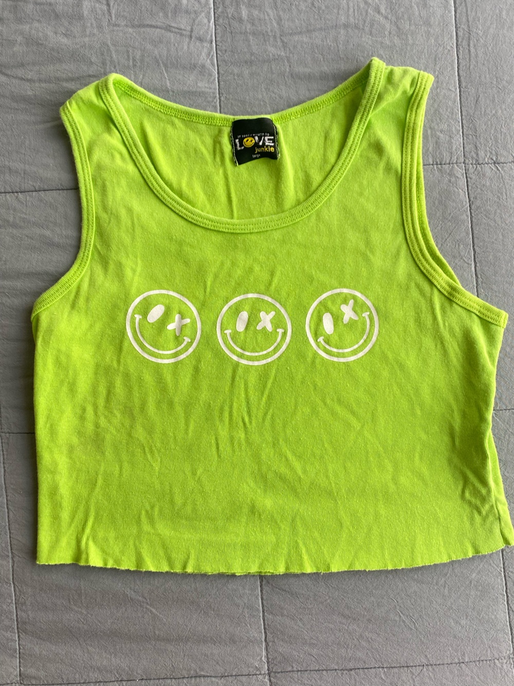 Denny’s kids Love Junkie Neon Lime Graphic Tank Top with White Smiley Faces